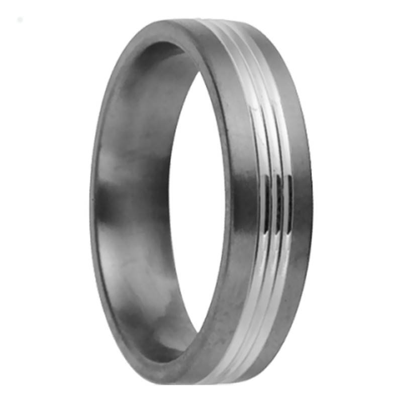 Aura Comfort Fit Flat Band Wedding Ring in Titanium with Three 750/1000 White Gold Grooves, Width 5 mm - Aurodesign