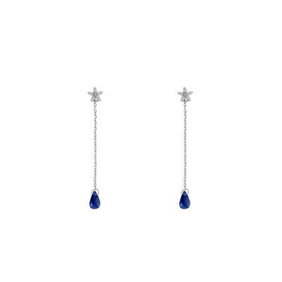"White Gold Diamond Star & Sapphire Drop Earrings, 375/1000 or 750/1000" - Aurora