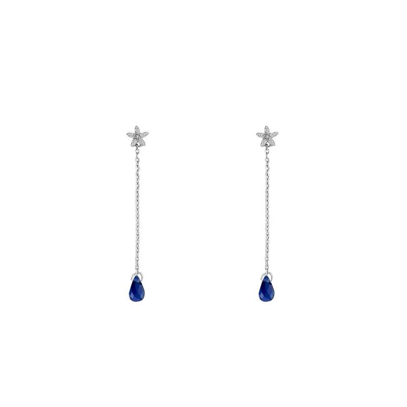"White Gold Diamond Star & Sapphire Drop Earrings, 375/1000 or 750/1000" - Aurora