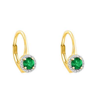 Yellow Gold Leverback Earrings with Diamonds & Emerald 0.59 ct 375 or 750 - Aurora
