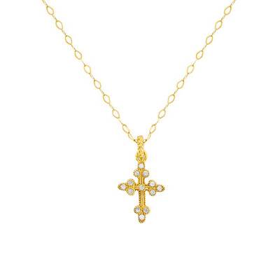 750 Yellow Gold & Diamond Cross Necklace, Adjustable Length 42 cm - Caterina B