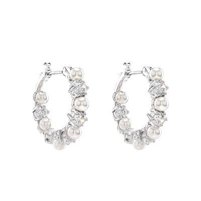 Matrix Rhodium-Plated Metal White Crystal & Pearl Hoop Earrings, 18 mm Diameter - 5709256 - Swarovski