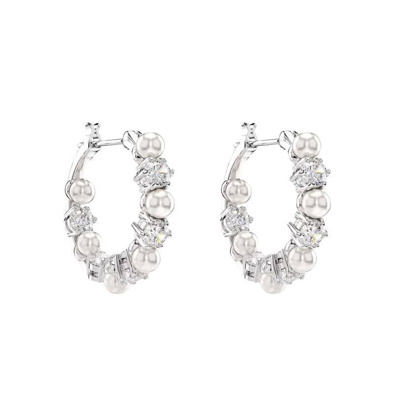 Matrix Rhodium-Plated Metal White Crystal & Pearl Hoop Earrings, 18 mm Diameter - 5709256 - Swarovski