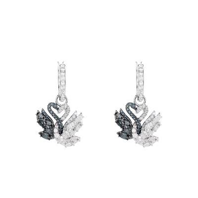 Rhodium- and Ruthenium-Plated Metal & Two-Tone Crystals Swan Drop Earrings - 5705728 - Swarovski