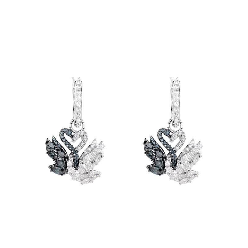 Rhodium- and Ruthenium-Plated Metal & Two-Tone Crystals Swan Drop Earrings - 5705728 - Swarovski