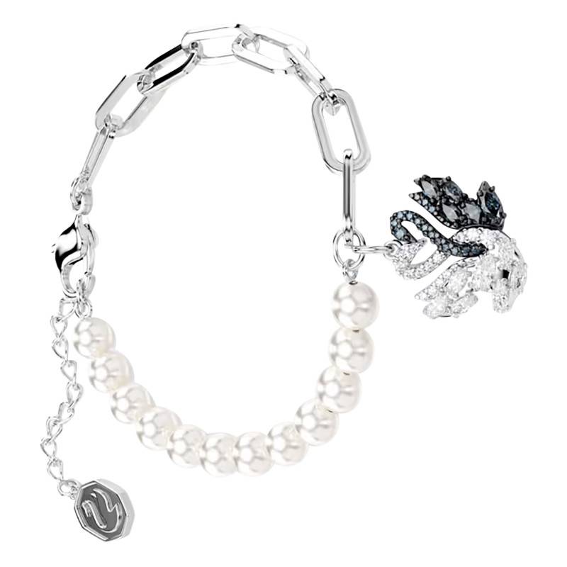 Rhodium- and Ruthenium-Plated Metal & Two-Tone Crystals and White Pearls Swan Bracelet, Length 15.50 cm to 20.50 cm - 5705720 - Swarovski