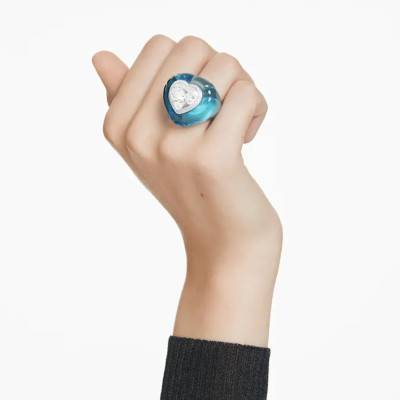 Rhodium-Plated Metal & White Crystals and Blue Resin Dulcis Heart Cocktail Ring - 5709965 - Swarovski