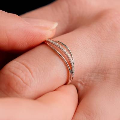 Bague Triple Courbée en Or Blanc 375 & Diamants 0,05 ct - Emanessence
