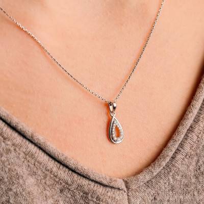 Pendentif Goutte en Or Blanc 375 & Diamants 0,08 ct - Emanessence