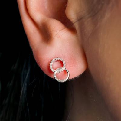 Boucles d'oreilles Double Rond en Or Blanc 375 & Diamants 0,06 ct - Emanessence