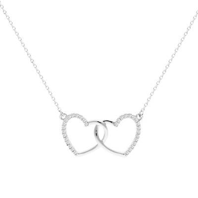 Collier Double Coeur en Or Blanc 375 & Diamants 0,13 ct, Longueur 45 cm - Emanessence