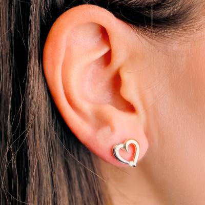 375/1000 Two-Tone Gold & 0.08 ct Diamond Heart Stud Earrings - Emanessence