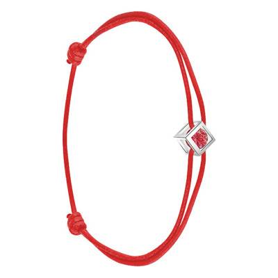 Bracelet en coton rouge, cube Or Blanc 750 et saphir rouge, 16 cm à 18 cm - Demetra