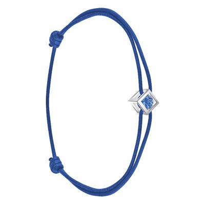 Bracelet en coton bleu, cube Or Blanc 750 et saphir bleu, 16 cm à 18 cm - Demetra