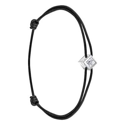 Bracelet en coton, cube Or Blanc 750 et diamant, Longueur de 16 cm à 18 cm - Demetra