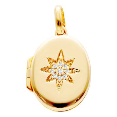Yellow Gold-Plated Oval Photo Locket Pendant with White Cubic Zirconia - Emanessence