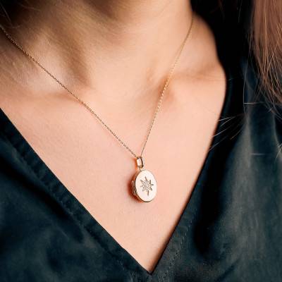 Yellow Gold-Plated Oval Photo Locket Pendant with White Cubic Zirconia - Emanessence
