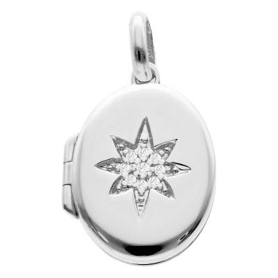 925 Silver Oval Photo Locket Pendant with White Cubic Zirconia - Emanessence