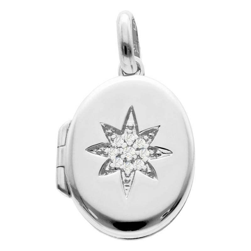 925 Silver Oval Photo Locket Pendant with White Cubic Zirconia - Emanessence