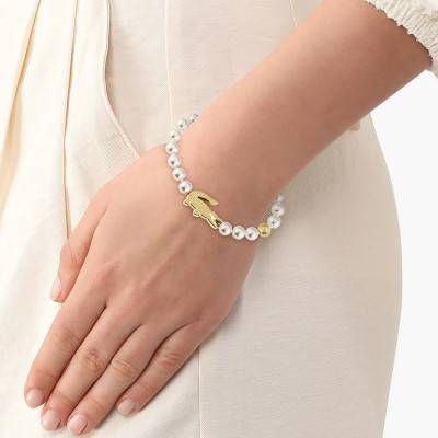 Bracelet Matchpoint en Acier Doré & Perles Blanches - 2040430, Longueur 16 cm Ajustable - Lacoste