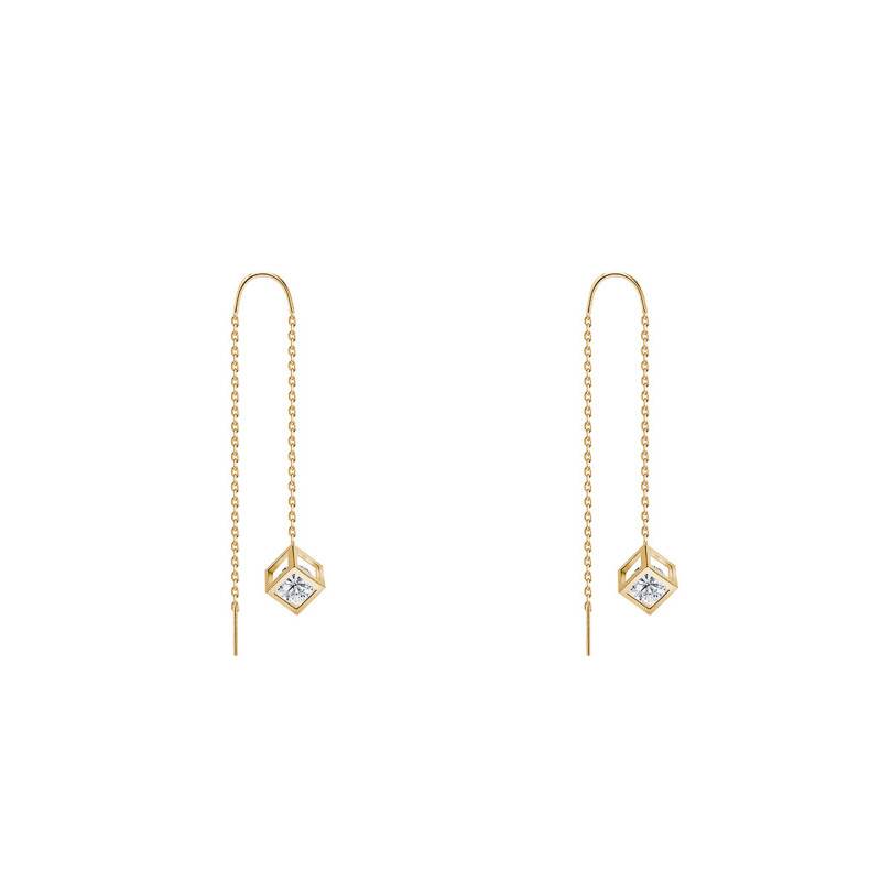 750/1000 Yellow Gold & Diamond Cube Drop Earrings - Demetra