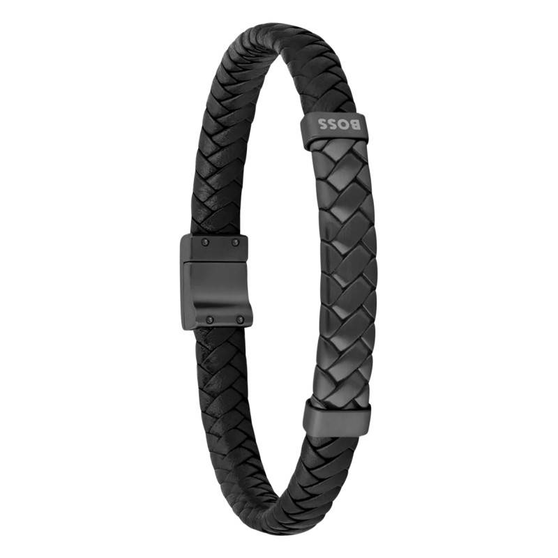 Black Leather & Black Steel Tailored Bracelet, Length 19 cm - 1580676M - Boss