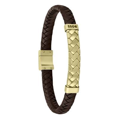 Brown Leather & Gold-Tone Steel Tailored Bracelet, Length 19 cm - 1580675M - Boss