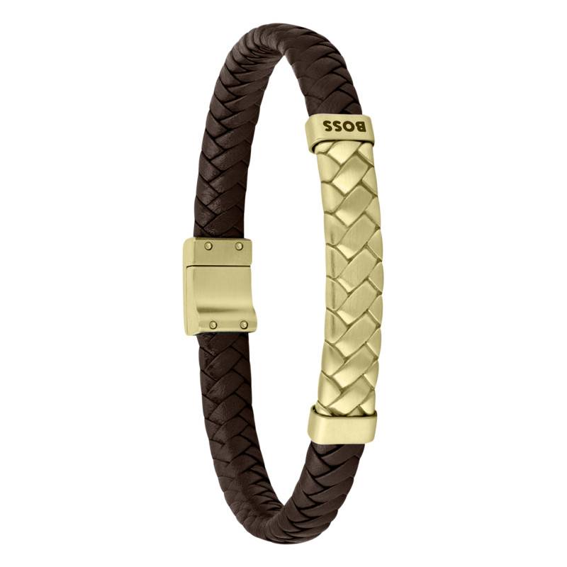 Brown Leather & Gold-Tone Steel Tailored Bracelet, Length 19 cm - 1580675M - Boss