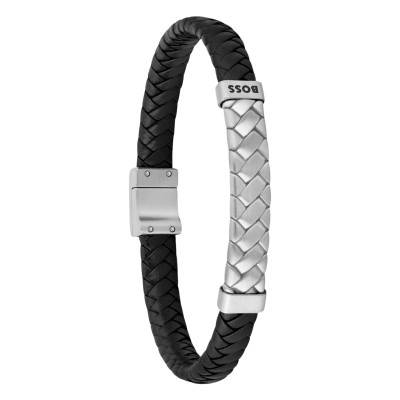 Black Leather & Steel Tailored Bracelet, 19 cm - 1580674M - Boss
