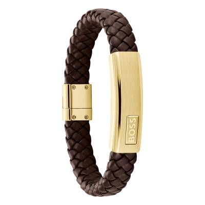 Brown Leather & Gold-Tone Steel Lander Bracelet, Length 19 cm - 1580746M - Boss