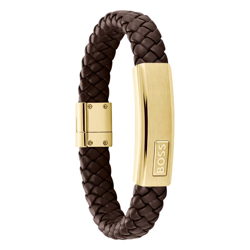 Brown Leather & Gold-Tone Steel Lander Bracelet, Length 19 cm - 1580746M - Boss