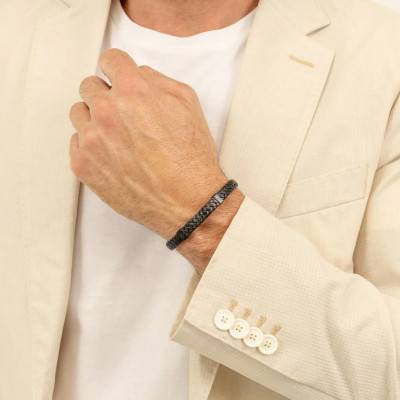 Black Leather & Black Steel Tailored Bracelet, Length 19 cm - 1580676M - Boss
