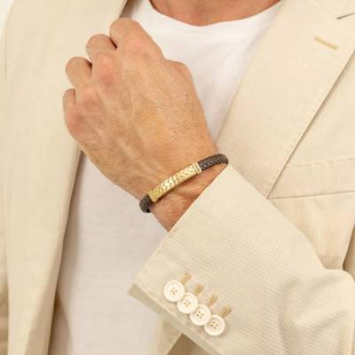 Brown Leather & Gold-Tone Steel Tailored Bracelet, Length 19 cm - 1580675M - Boss