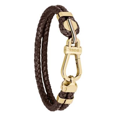 Bracelet Ares Prime Cuir Marron & Acier Doré, Longueur 19 cm - 1580700M - Boss