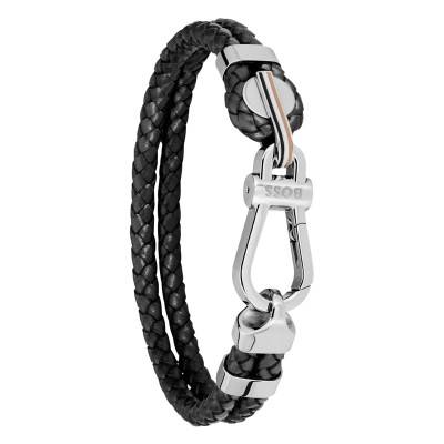 Bracelet Ares Prime Cuir Noir & Acier, Longueur 19 cm - 1580699M - Boss