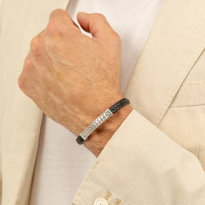 Black Leather & Steel Tailored Bracelet, 19 cm - 1580674M - Boss