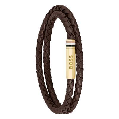 Ares Brown Leather & Gold-Tone Steel Bracelet, 19 cm - 1580670M - Boss