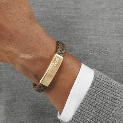 Brown Leather & Gold-Tone Steel Lander Bracelet, Length 19 cm - 1580746M - Boss