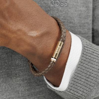 Ares Brown Leather & Gold-Tone Steel Bracelet, 19 cm - 1580670M - Boss