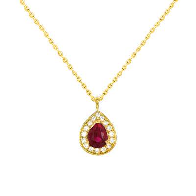 Yellow Gold Drop Necklace with Ruby & Diamond Halo, Length 42 cm - Diamond Lady