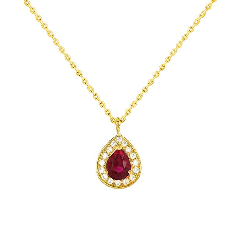 Yellow Gold Drop Necklace with Ruby & Diamond Halo, Length 42 cm - Diamond Lady