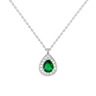 Collier Drop Emeraude, Diamants & Or Blanc 750, Longueur 40 à 42 cm - Diamond Lady
