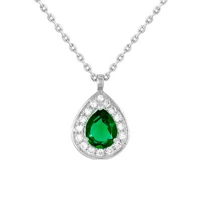 Collier Drop Emeraude, Diamants & Or Blanc 750, Longueur 40 à 42 cm - Diamond Lady