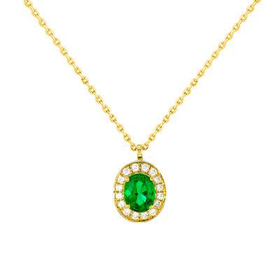 Divina Yellow Gold & Emerald Necklace with Diamond Halo, Length 40 cm to 42 cm - Diamond Lady