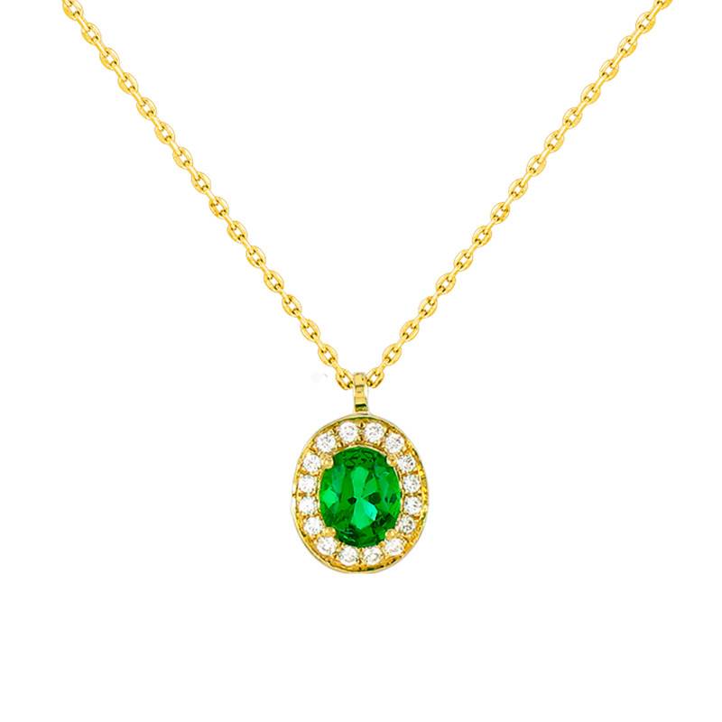 Divina Yellow Gold & Emerald Necklace with Diamond Halo, Length 40 cm to 42 cm - Diamond Lady