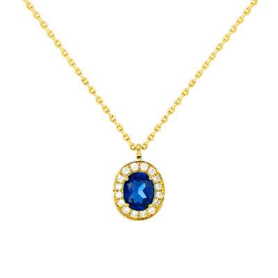 Divina Oval Yellow Gold Necklace with Sapphire & Diamond Halo 0,07 ct, Length 40 cm to 42 cm - Diamond Lady