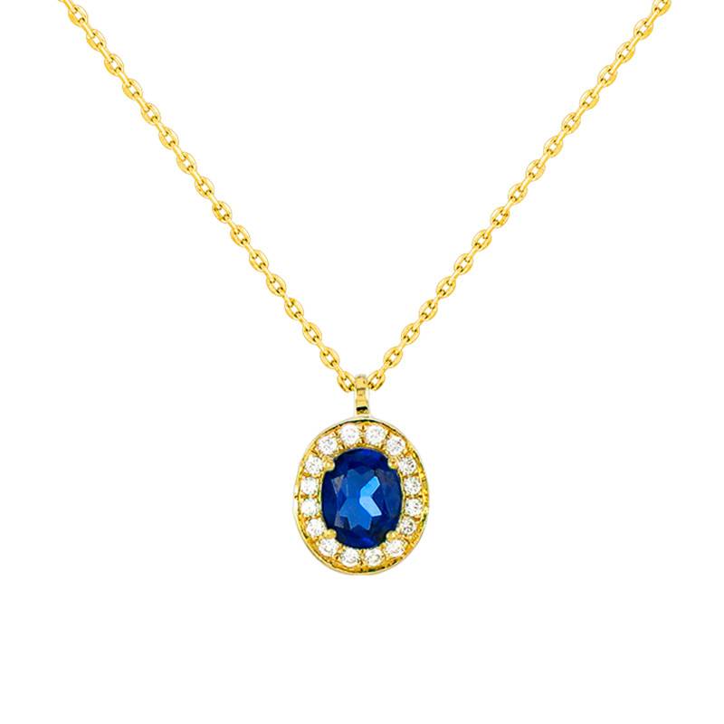 Divina Oval Yellow Gold Necklace with Sapphire & Diamond Halo 0,07 ct, Length 40 cm to 42 cm - Diamond Lady