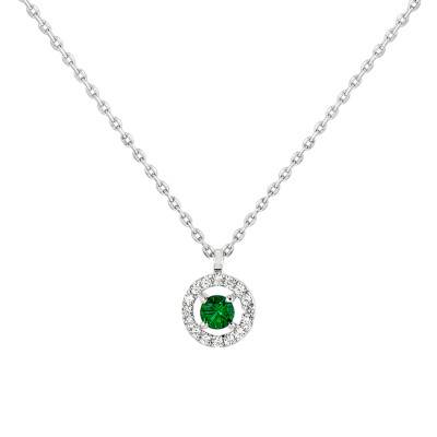 Diamond Lady 750/1000 White Gold Round Cable Chain Necklace with Diamonds and Emerald, 42 cm - Diamond Lady