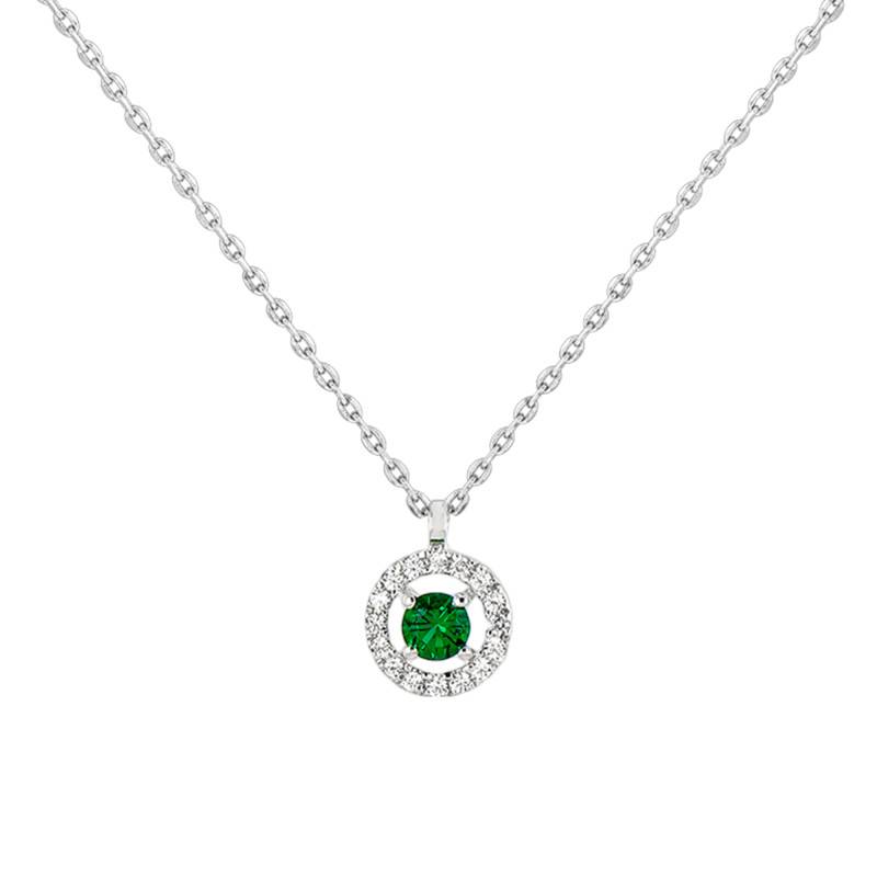 Diamond Lady 750/1000 White Gold Round Cable Chain Necklace with Diamonds and Emerald, 42 cm - Diamond Lady