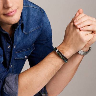 Bracelet Double Rang en Cuir Marron, Acier & Perles Bicolores, Longueur 21,50 cm Ajustable - Fossil